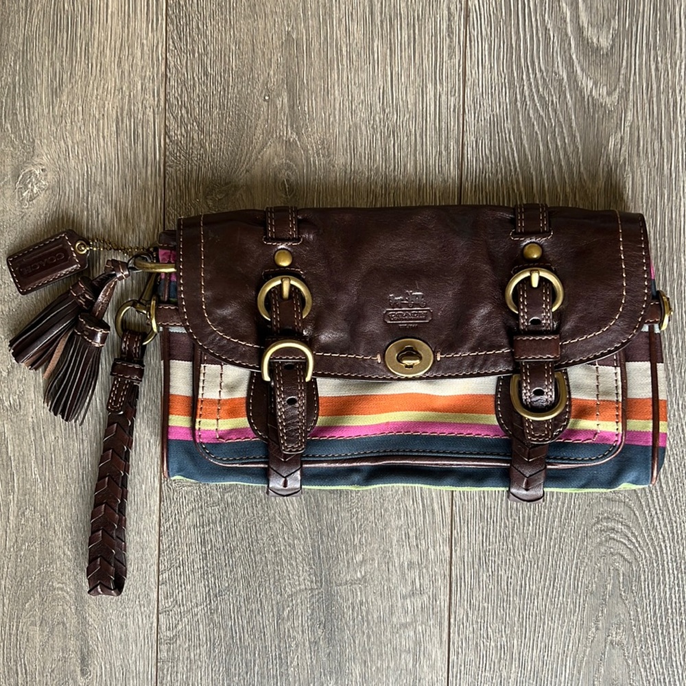 Coach 65th Anniversary Legacy Brown Leather Color Stripe Garcia Clutch/Wristlet